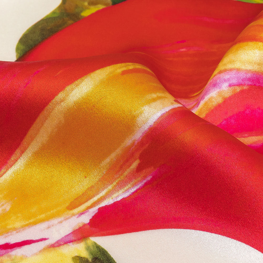 Mood Exclusive Italian Magenta, Orange and Green Lilies Silk Charmeuse - Detail