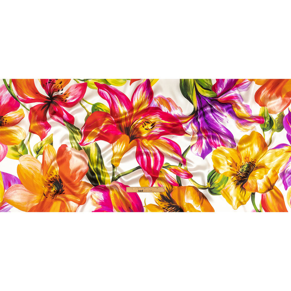 Mood Exclusive Italian Magenta, Orange and Green Lilies Silk Charmeuse - Full