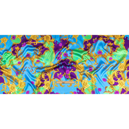 Mood Exclusive Italian Royal Purple, Blue and Gold Rose Filigree Silk Charmeuse
