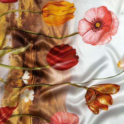 Mood Exclusive Italian Bit of Blue, Olive and Pink Pastoral Floral Border Printed Silk Charmeuse