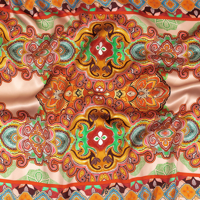 Mood Exclusive Italian Vibrant Green, Red and Orange Floral Tile Silk Charmeuse