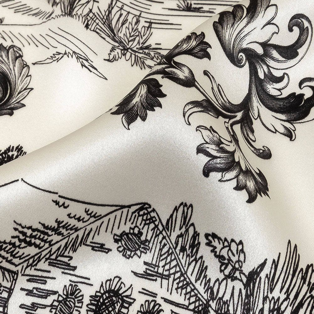 Mood Exclusive Italian Black Bean and Cloud Dancer Elegant Toile Silk Charmeuse