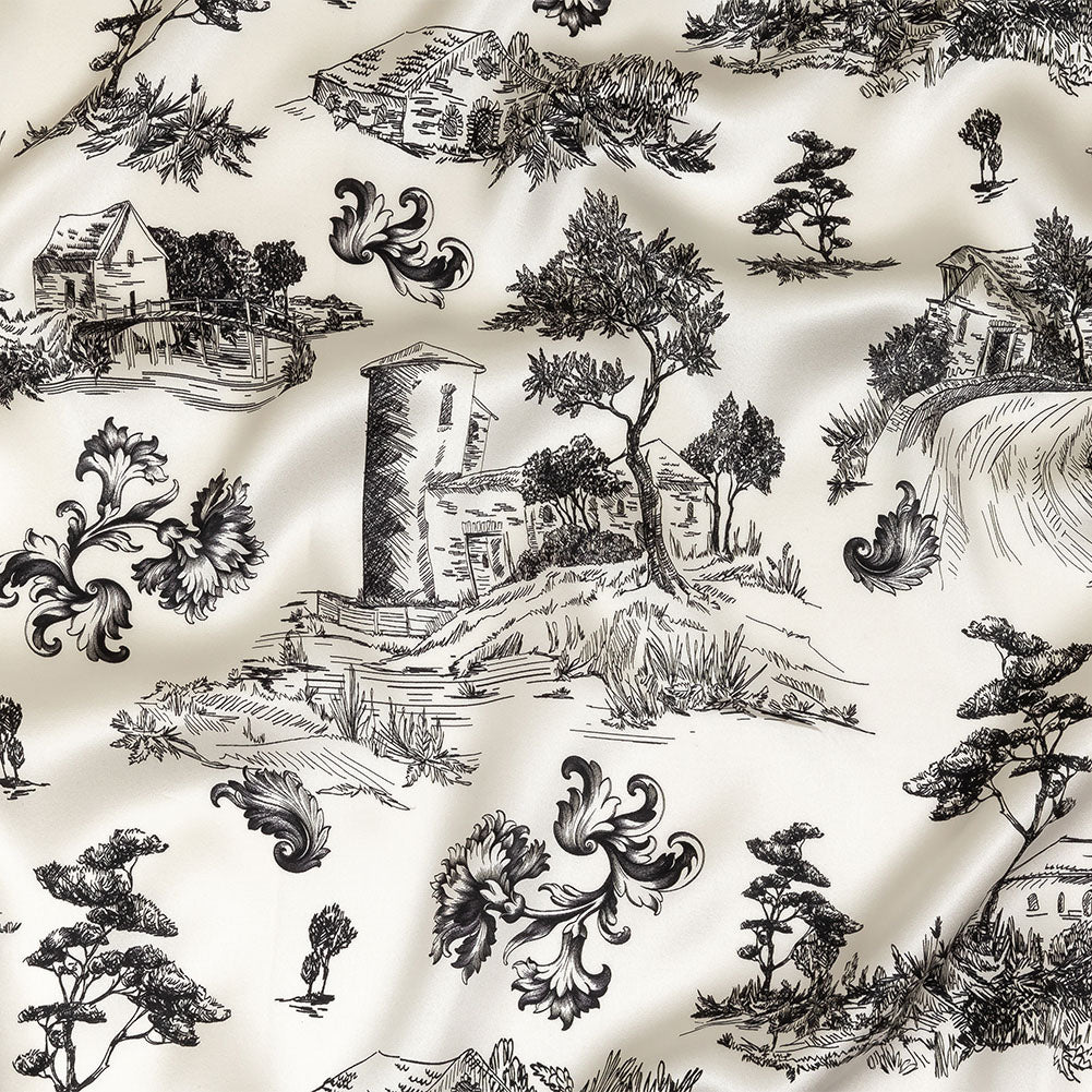 Mood Exclusive Italian Black Bean and Cloud Dancer Elegant Toile Silk Charmeuse