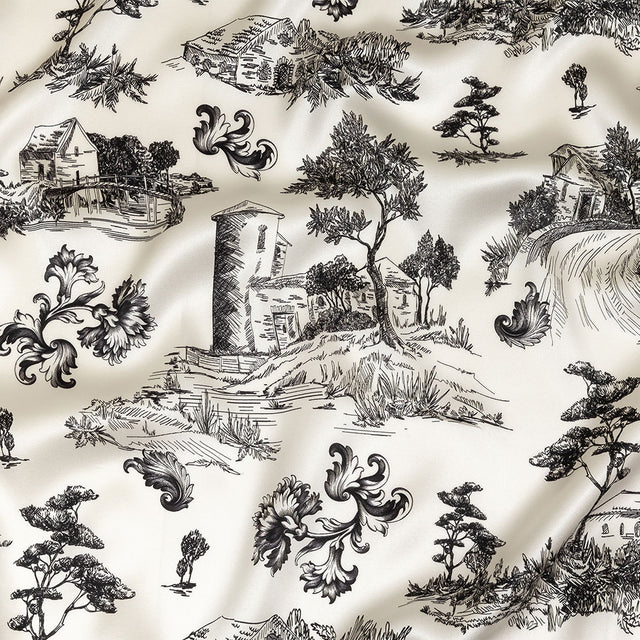 Mood Exclusive Italian Black Bean and Cloud Dancer Elegant Toile Silk Charmeuse
