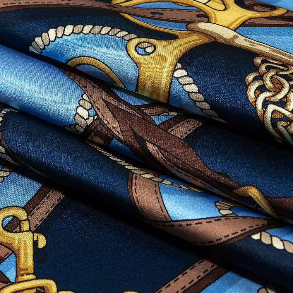 Mood Exclusive Italian Blue, Brown and Gold Bridles and Reins Silk Charmeuse Panel - Folded