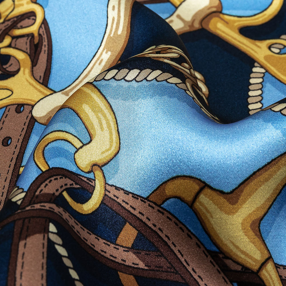 Mood Exclusive Italian Blue, Brown and Gold Bridles and Reins Silk Charmeuse Panel - Detail