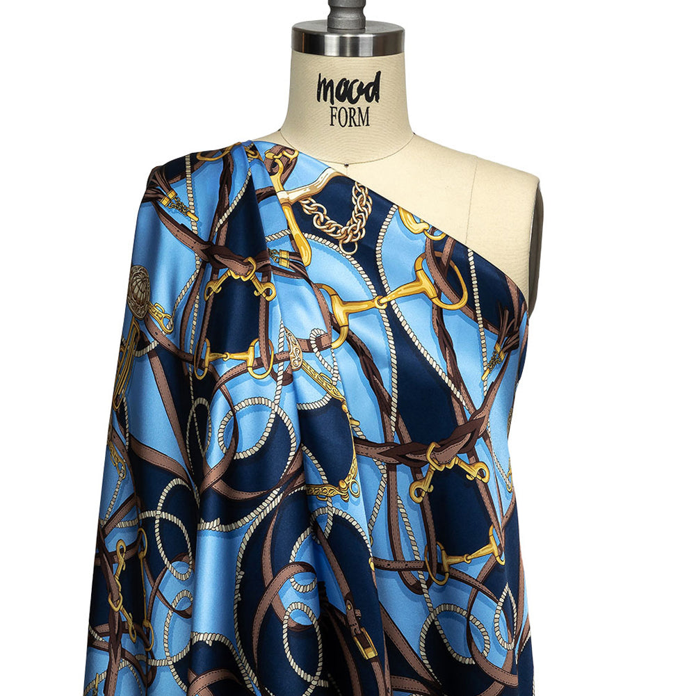 Mood Exclusive Italian Blue, Brown and Gold Bridles and Reins Silk Charmeuse Panel - Drape