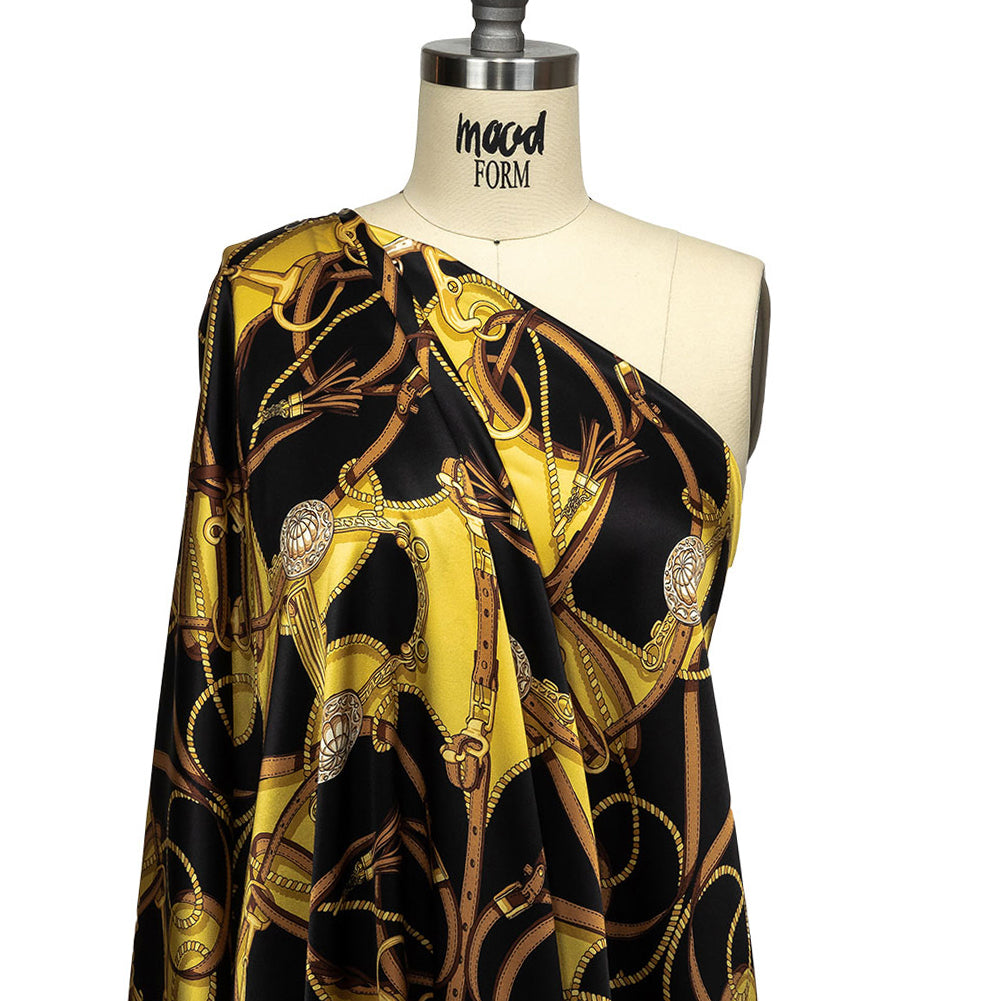 Mood Exclusive Italian Black, Yellow and Brown Bridles and Reins Silk Charmeuse Panel - Drape