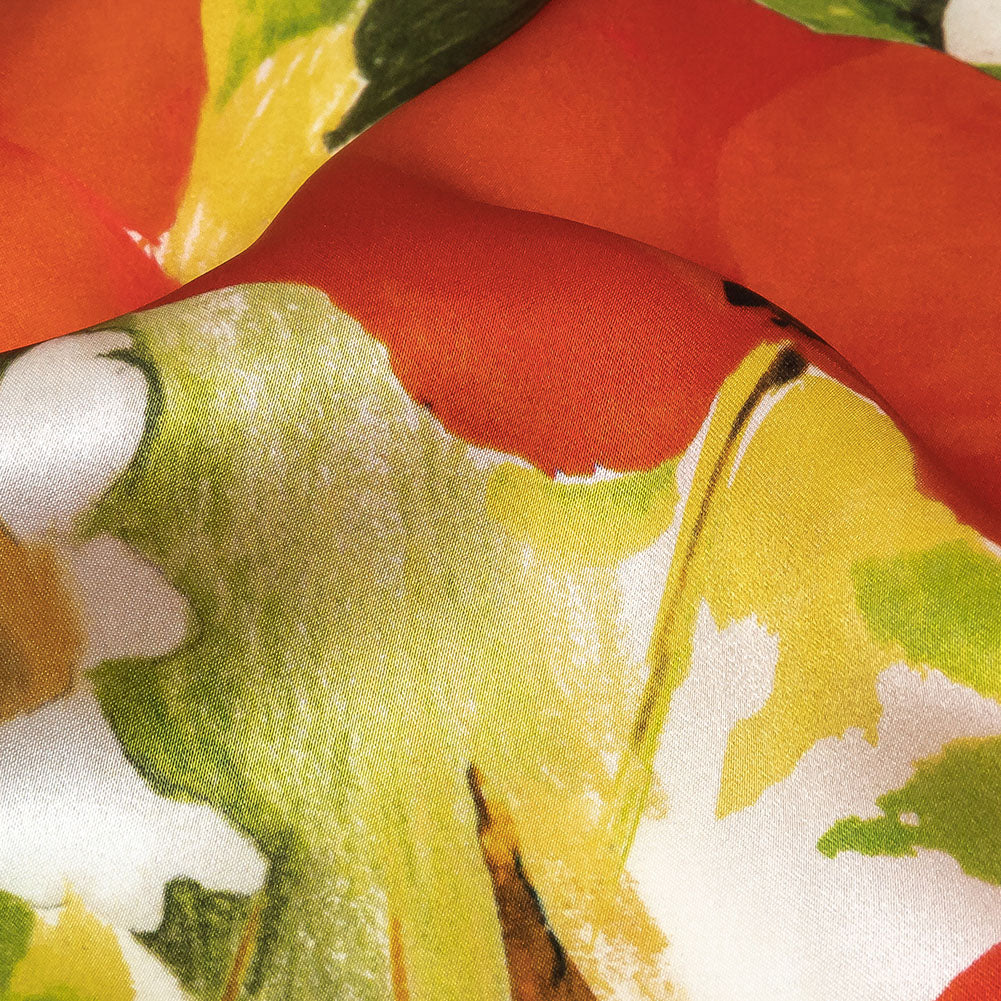 Mood Exclusive Italian Red, Yellow and Green Poppies and Daisies Silk Charmeuse