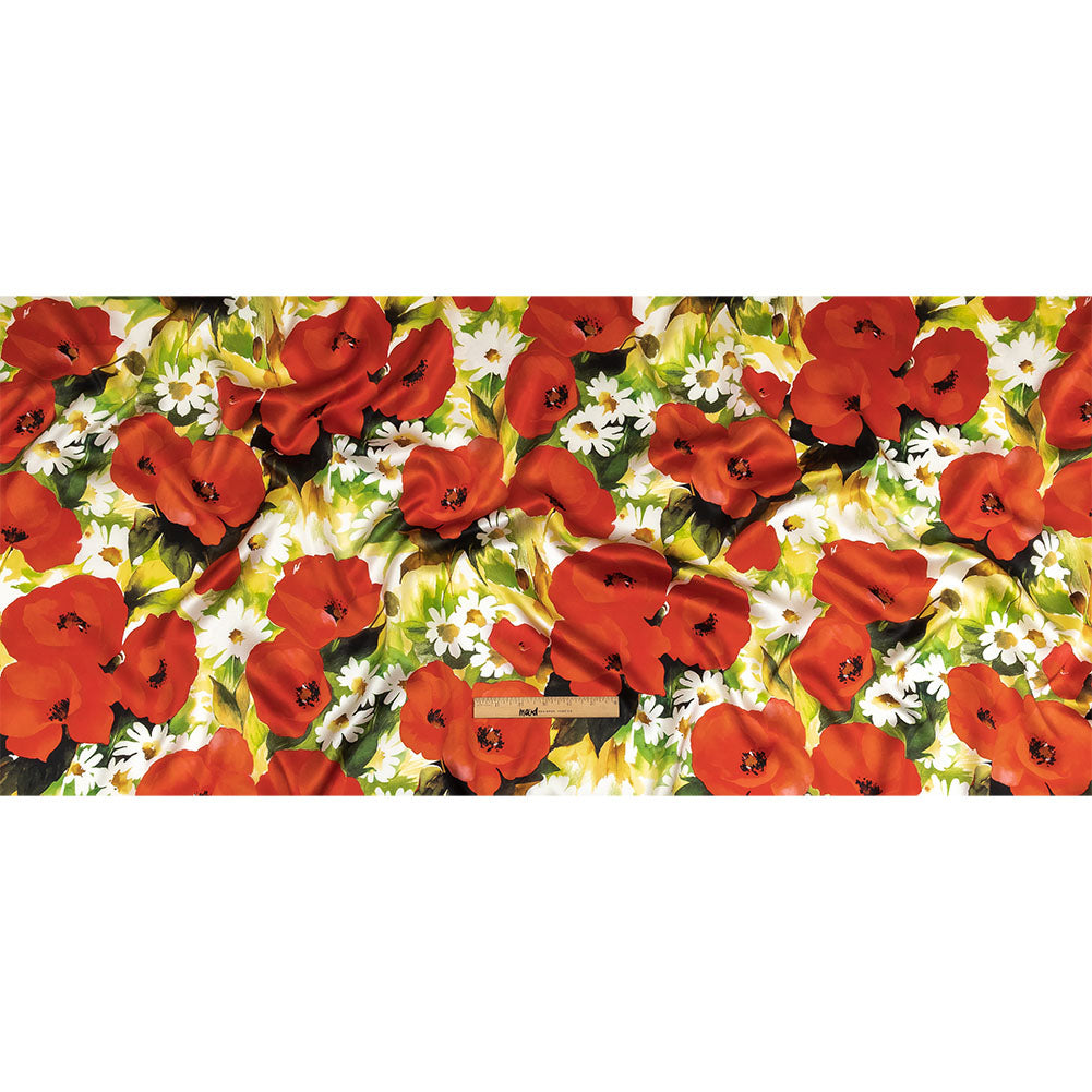 Mood Exclusive Italian Red, Yellow and Green Poppies and Daisies Silk Charmeuse