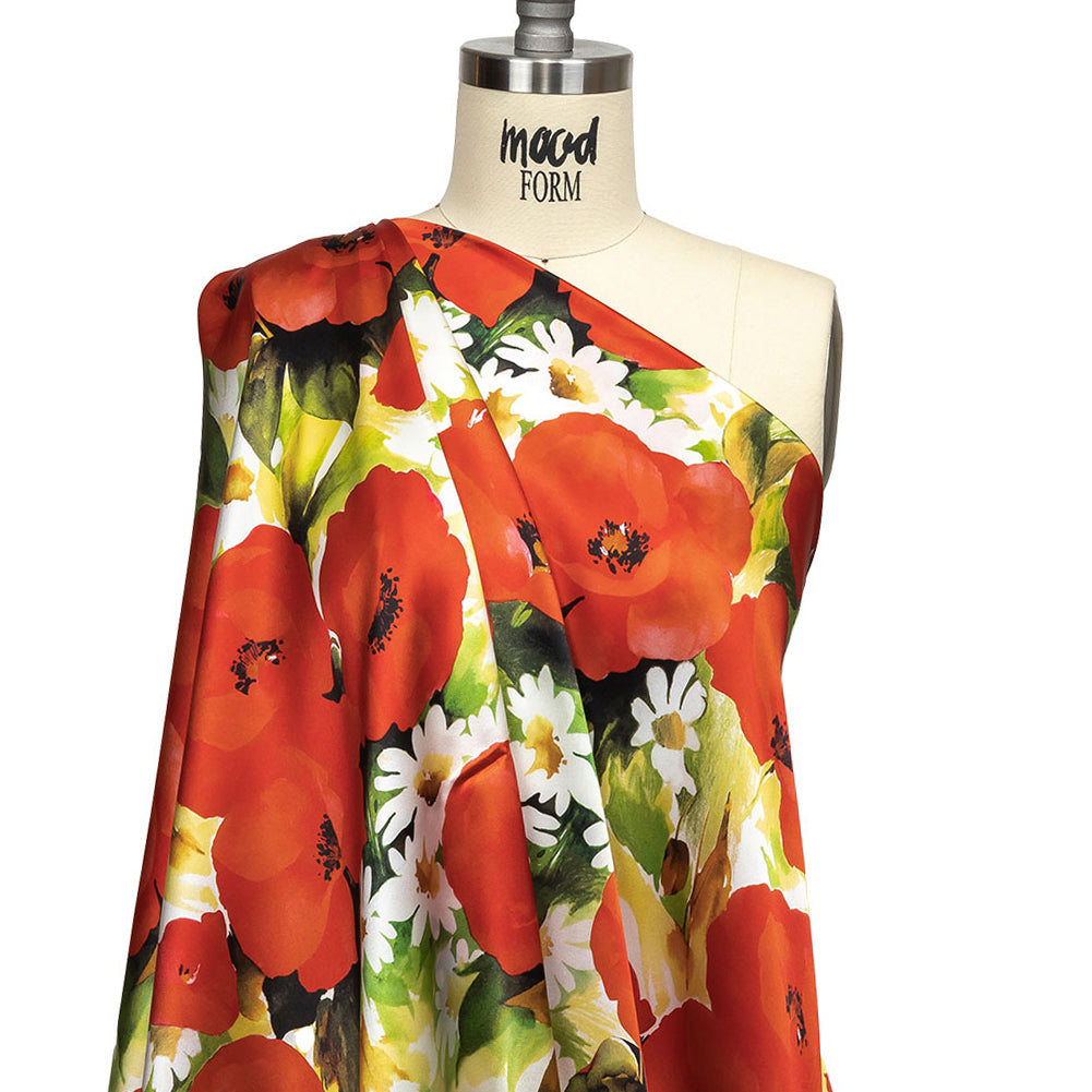 Mood Exclusive Italian Red, Yellow and Green Poppies and Daisies Silk Charmeuse