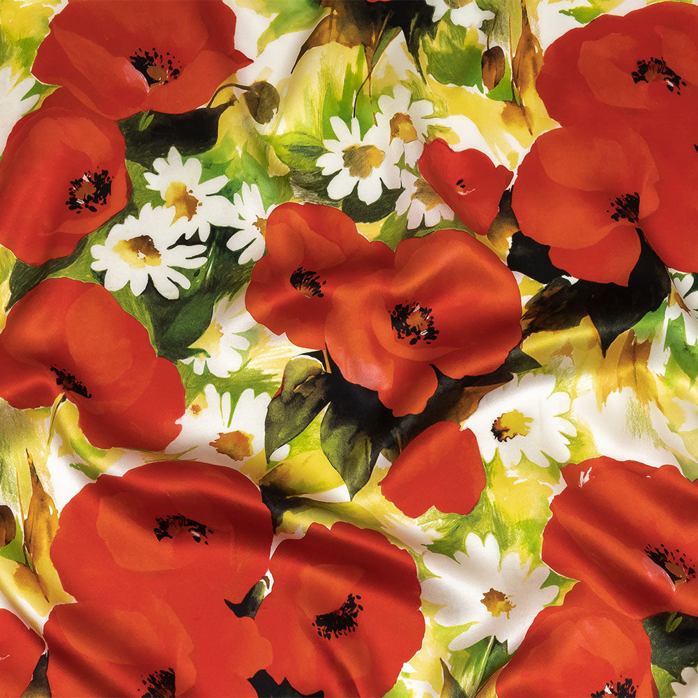 Mood Exclusive Italian Red, Yellow and Green Poppies and Daisies Silk Charmeuse