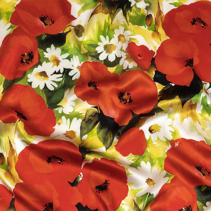 Mood Exclusive Italian Red, Yellow and Green Poppies and Daisies Silk Charmeuse