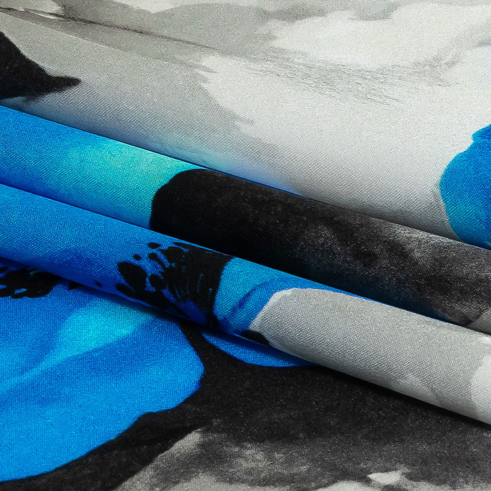 Mood Exclusive Italian Blue, Gray and White Wild Roses Silk Charmeuse