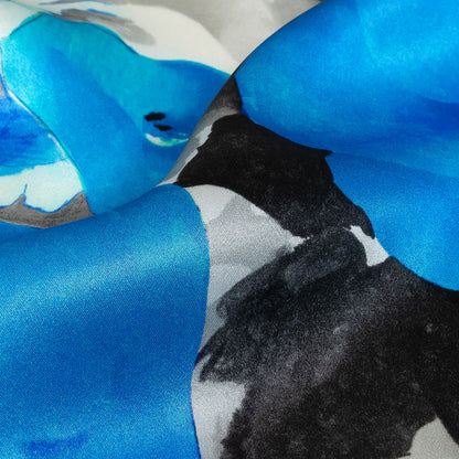 Mood Exclusive Italian Blue, Gray and White Wild Roses Silk Charmeuse