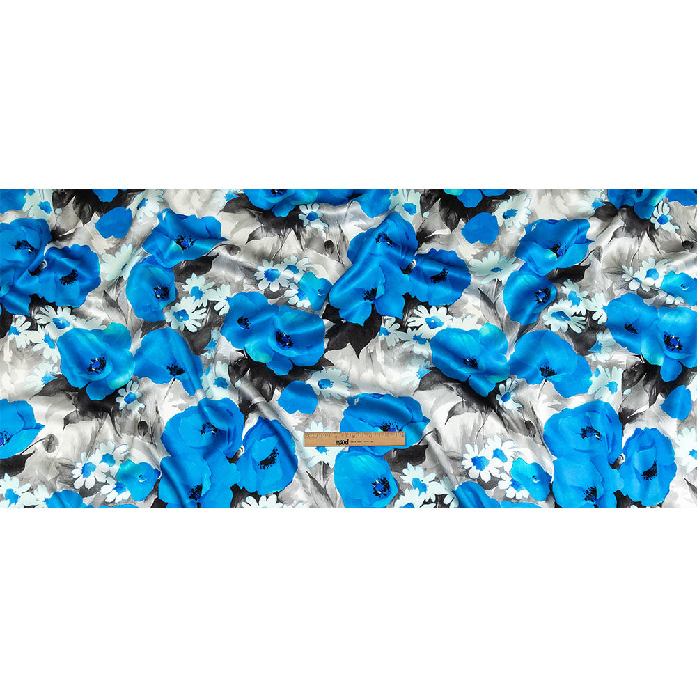 Mood Exclusive Italian Blue, Gray and White Wild Roses Silk Charmeuse