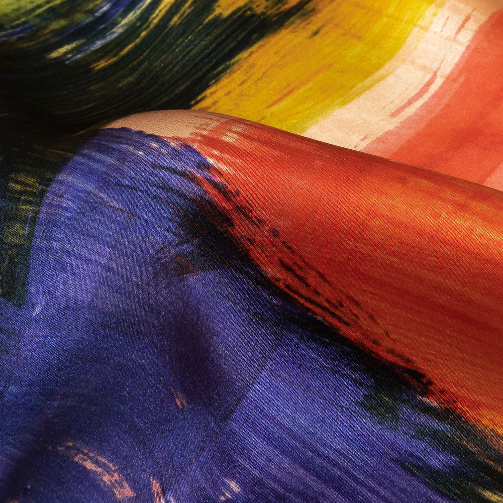 Mood Exclusive Italian Ivory, Red and Black Iris Painterly Abstraction Silk Charmeuse - Detail