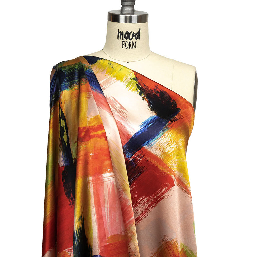 Mood Exclusive Italian Ivory, Red and Black Iris Painterly Abstraction Silk Charmeuse - Drape