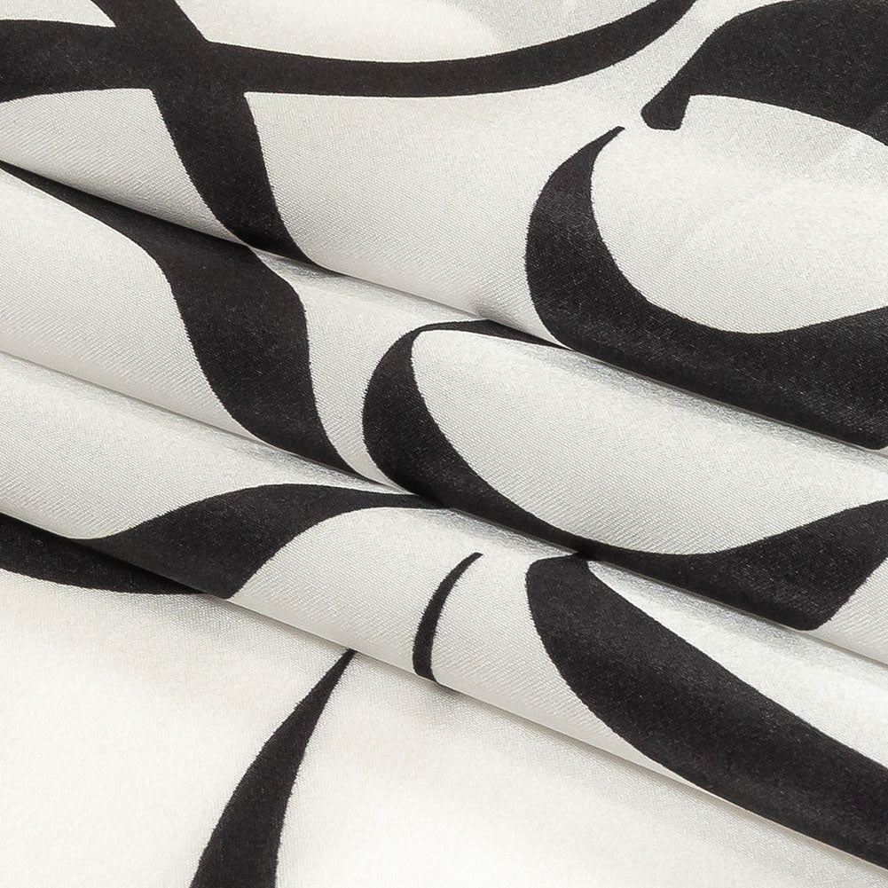 Mood Exclusive Italian Blanc de Blanc and Caviar Calligraphic Squiggles Silk Charmeuse