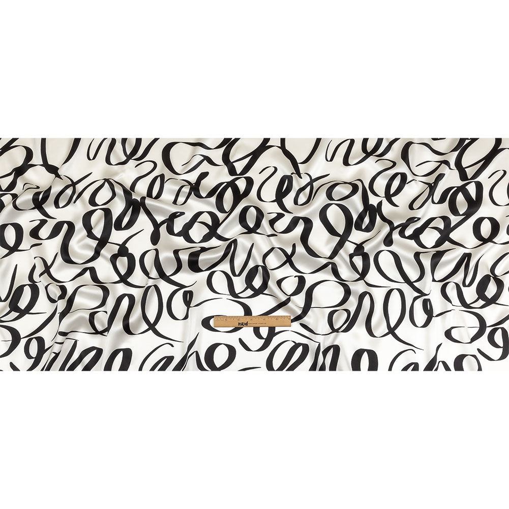 Mood Exclusive Italian Blanc de Blanc and Caviar Calligraphic Squiggles Silk Charmeuse