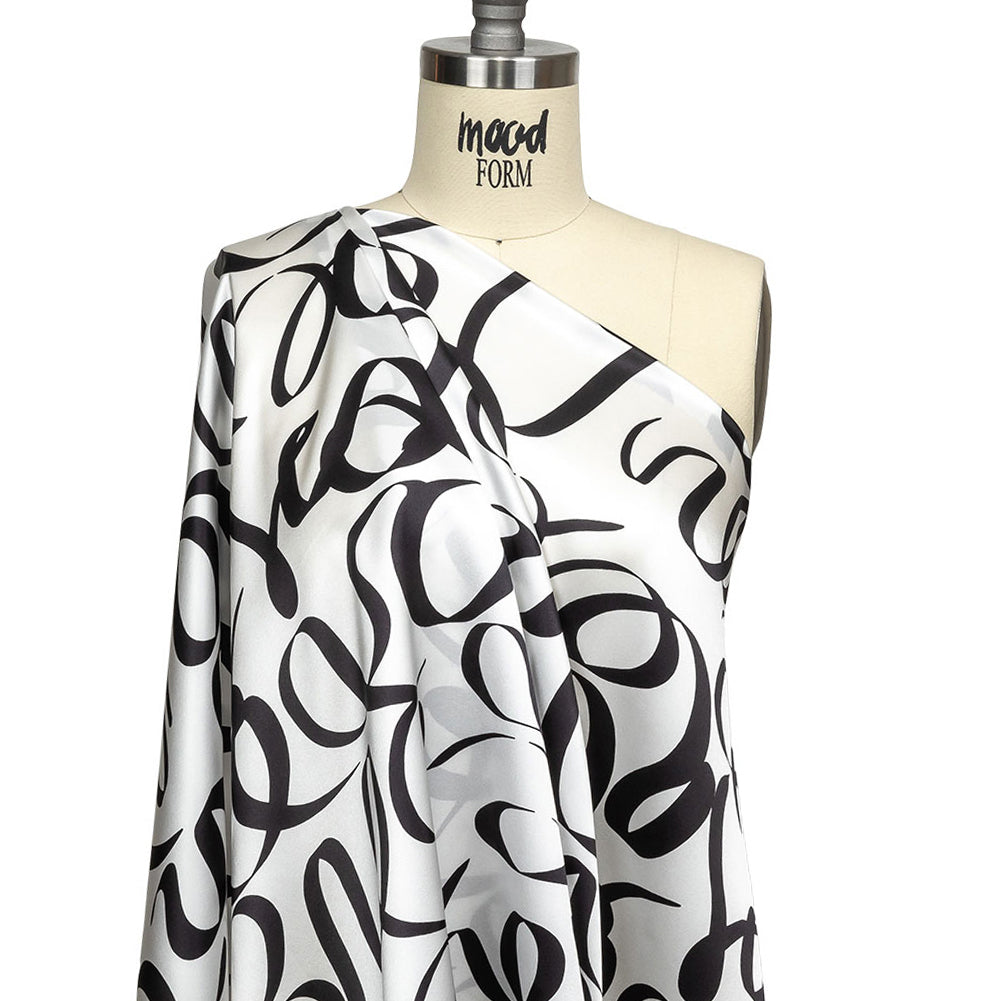 Mood Exclusive Italian Blanc de Blanc and Caviar Calligraphic Squiggles Silk Charmeuse