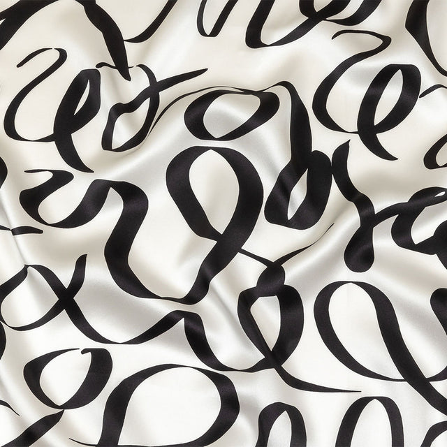 Mood Exclusive Italian Blanc de Blanc and Caviar Calligraphic Squiggles Silk Charmeuse