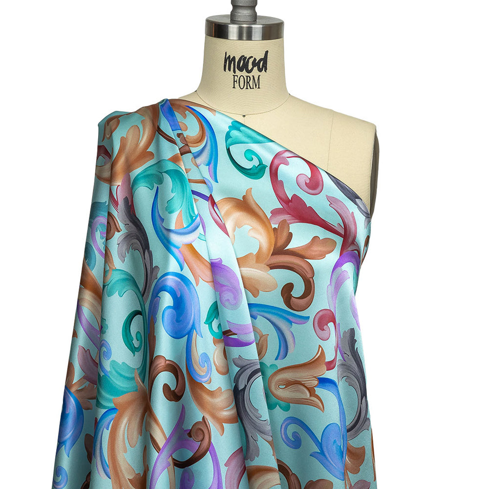 Mood Exclusive Italian Mint and Rainbow Ornate Swirls Silk Charmeuse