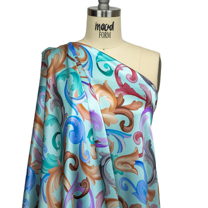 Mood Exclusive Italian Mint and Rainbow Ornate Swirls Silk Charmeuse