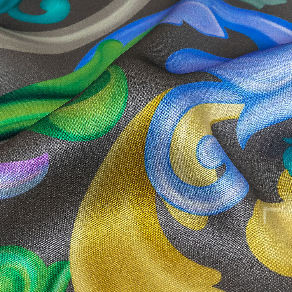 Mood Exclusive Italian Charcoal, Gold and Bougainvillea Ornate Swirls Silk Charmeuse - Detail