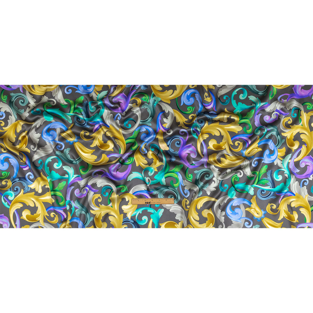 Mood Exclusive Italian Charcoal, Gold and Bougainvillea Ornate Swirls Silk Charmeuse - Full