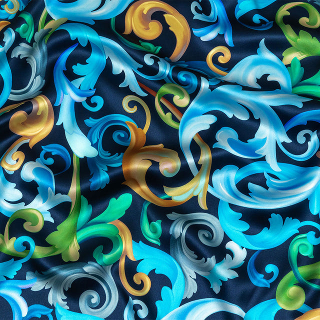 Mood Exclusive Italian Navy, Gold and Blue Ornate Swirls Silk Charmeuse