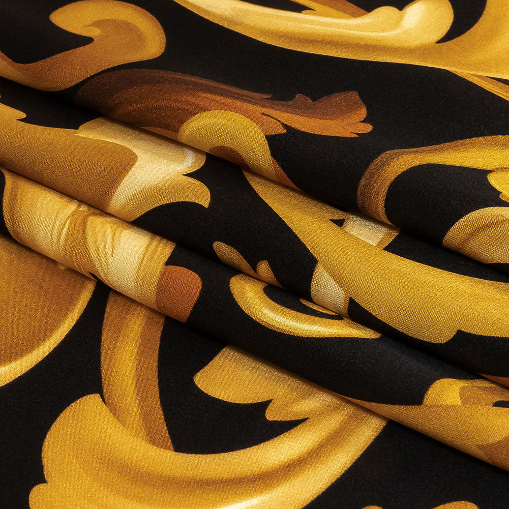 Mood Exclusive Italian Black and Gold Ornate Swirls Silk Charmeuse