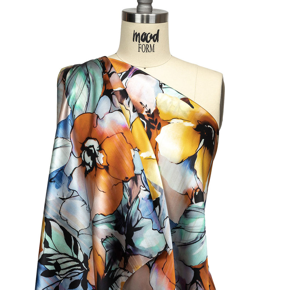Mood Exclusive Italian Blue Gray, Harvest Pumpkin and Yellow Outlined Florals Silk Charmeuse
