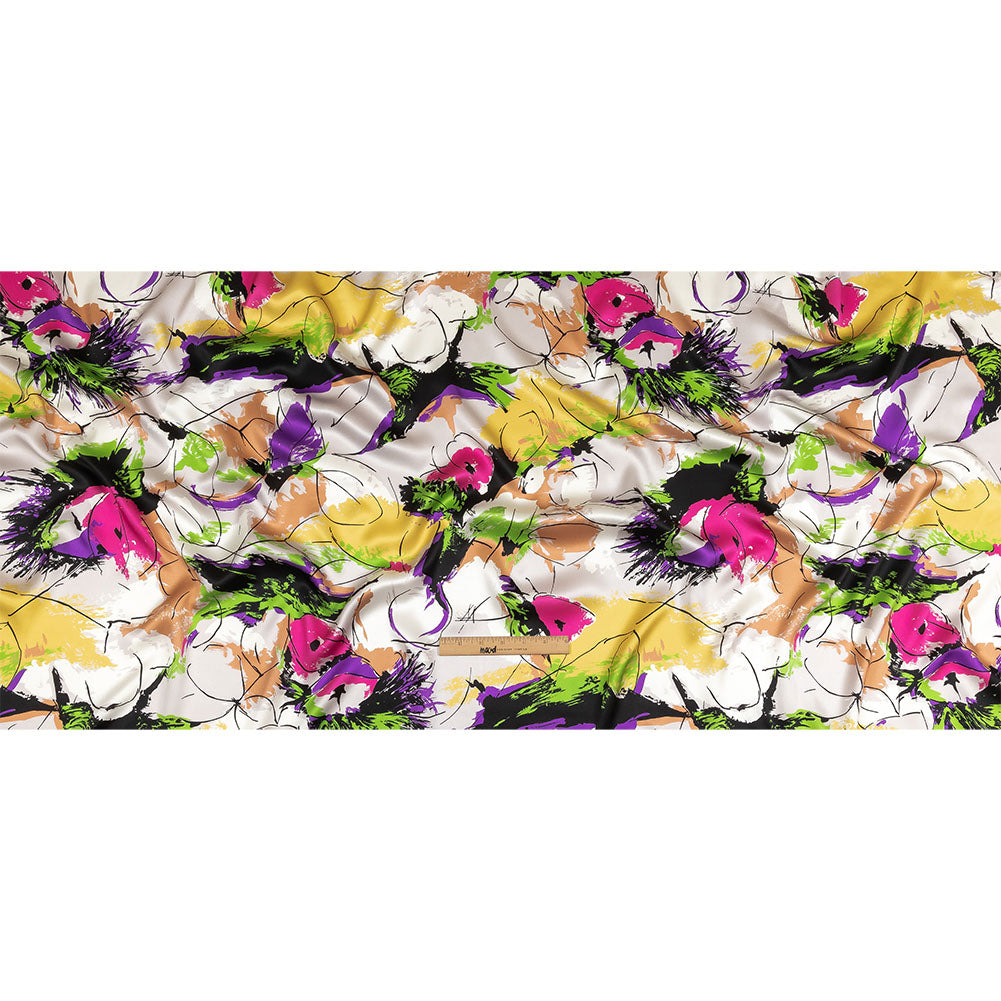 Mood Exclusive Italian Yellow, Raspberry Rose and Beige Linework and Brushstrokes Abstract Silk Charmeuse