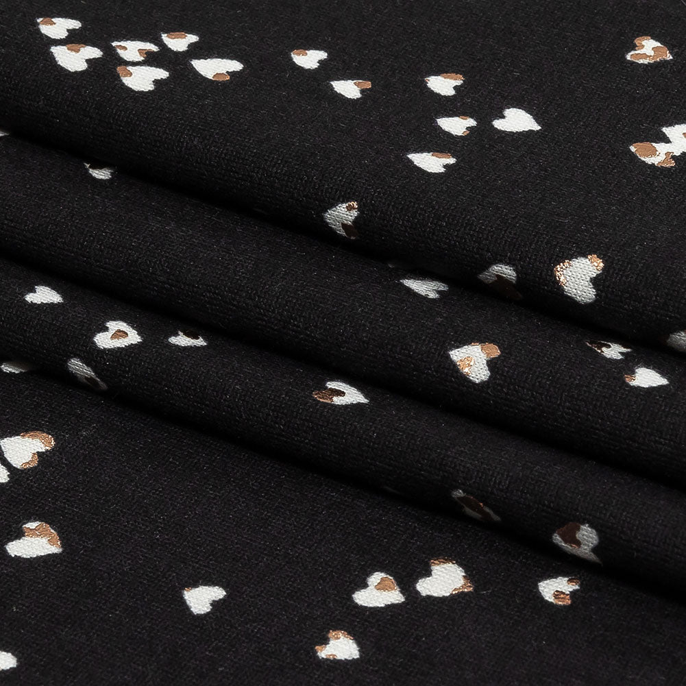 Black, White and Metallic Gold Foiled Hearts Brushed ITY Jersey Folded
