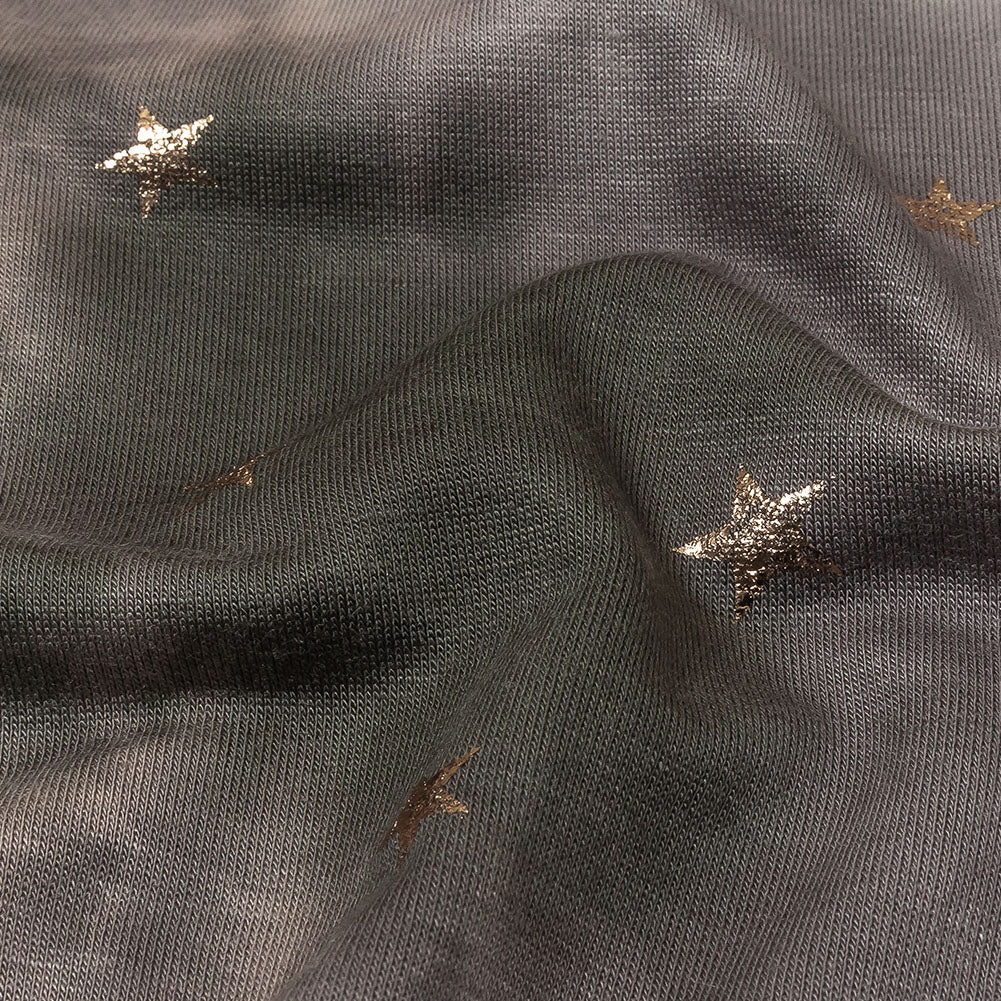 Pink, Olive and Metallic Gold Foiled Stars Stretch Rayon French Terry Detail