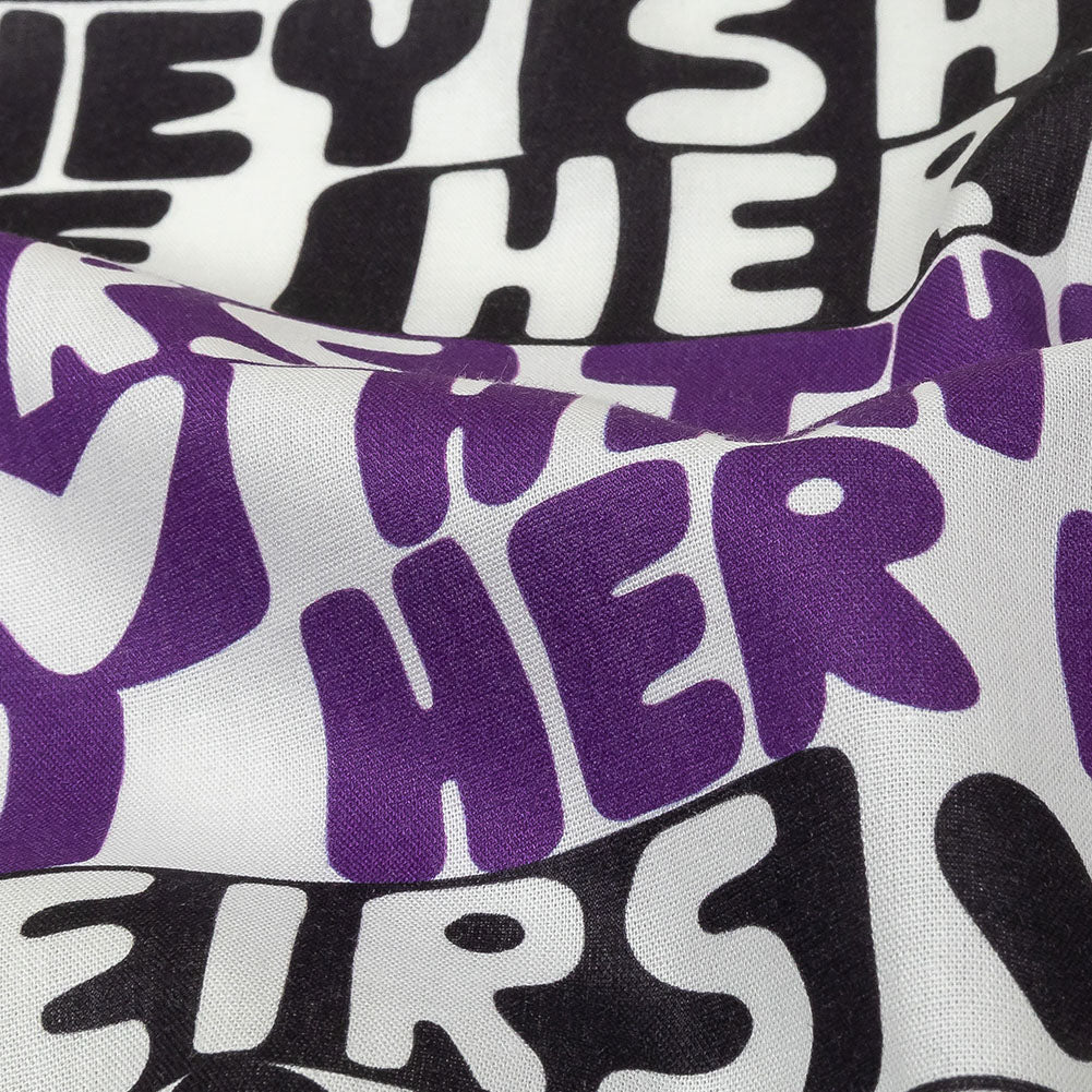 Mercerized Organic Egyptian Cotton Voile - Black, Purple and Yellow Pronoun Stripes - More Than Words Print - Mood Exclusive Pride Collection Detail