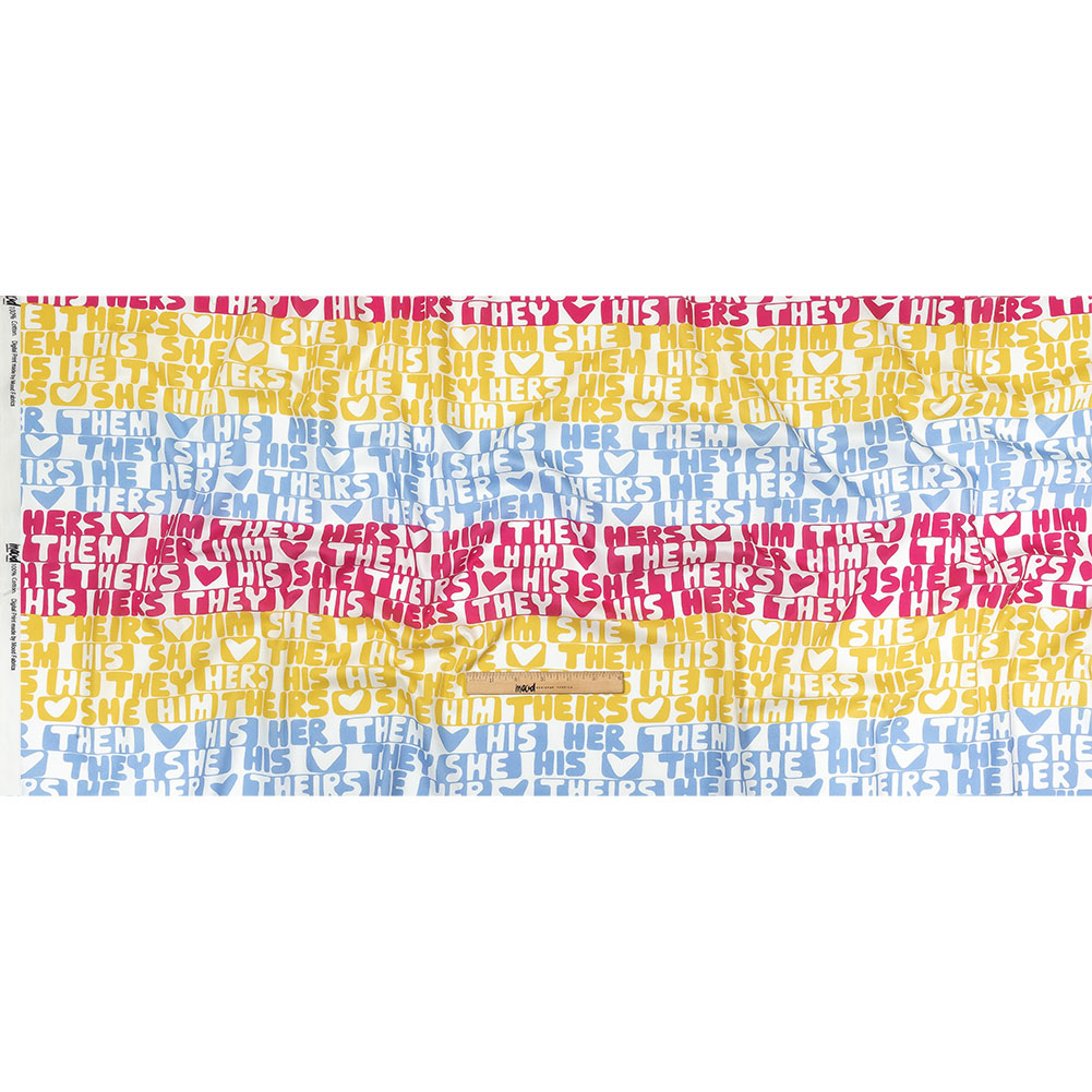Mercerized Organic Egyptian Cotton Voile - Pink, Yellow and Blue Pronoun Stripes - More Than Words Print - Mood Exclusive Pride Collection Full
