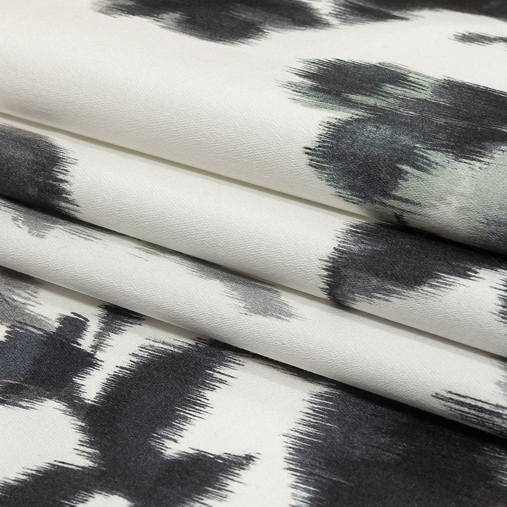 Carolina Herrera Italian Gray and Cloud Dancer Ikat Floral Stretch Cotton Sateen Folded