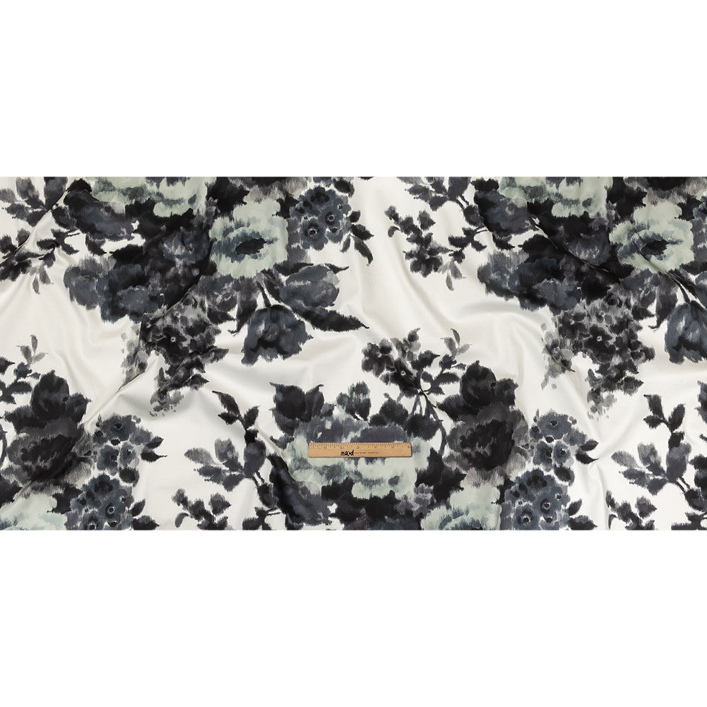 Carolina Herrera Italian Gray and Cloud Dancer Ikat Floral Stretch Cotton Sateen Full