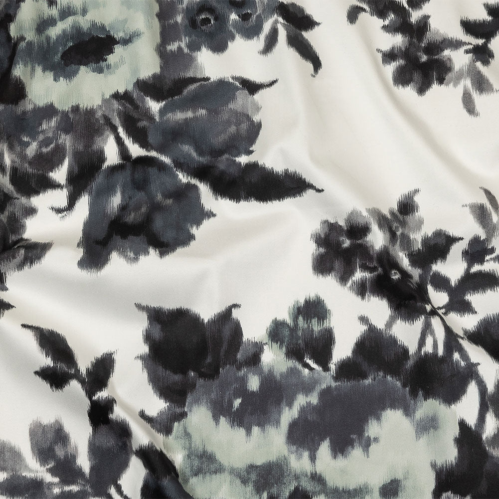 Carolina Herrera Italian Gray and Cloud Dancer Ikat Floral Stretch Cotton Sateen