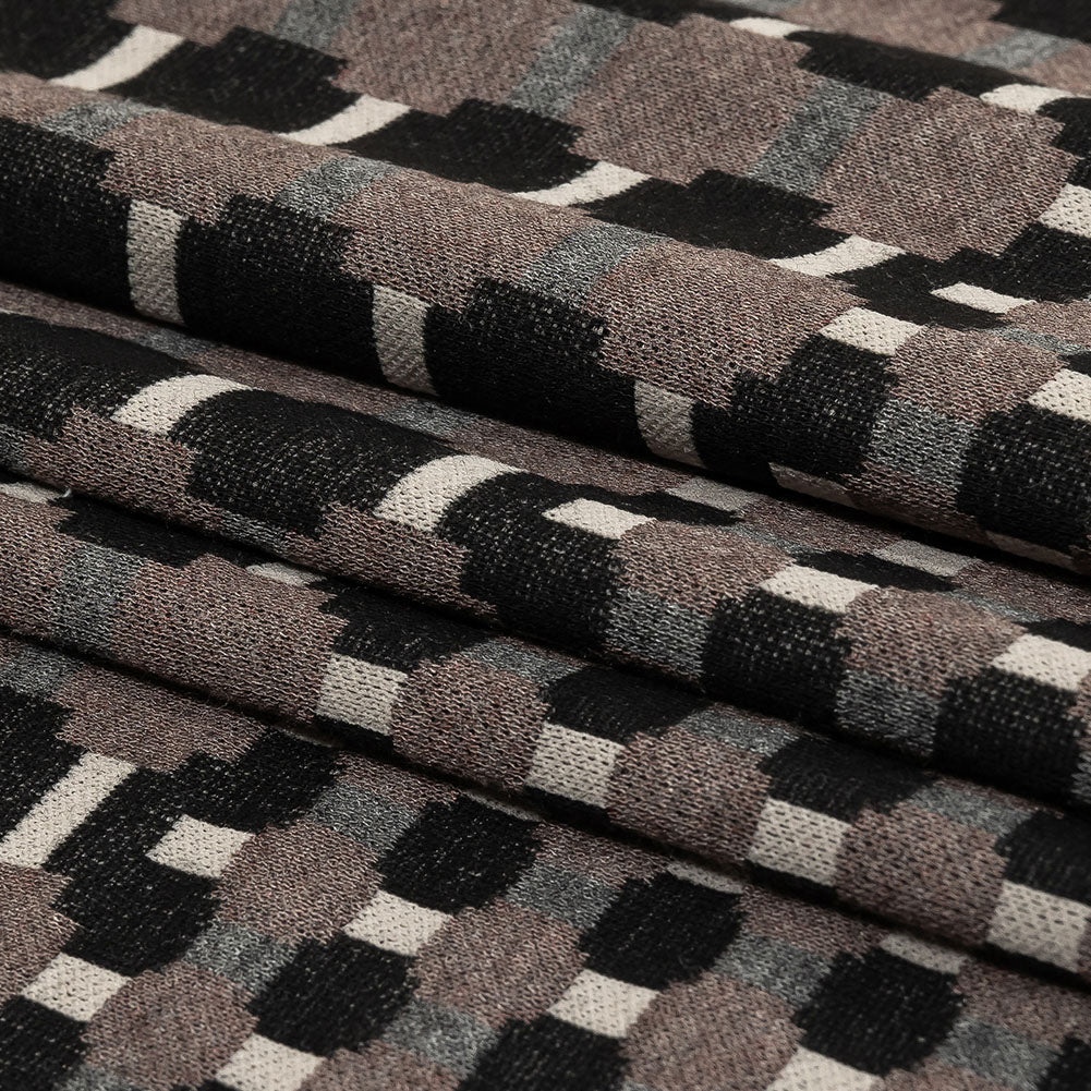 Brown, Black and Gray Squares and Plus Signs Cotton and Polyester Jacquard Knit Panel Folded