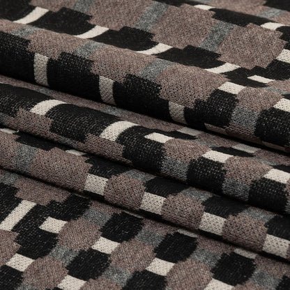 Brown, Black and Gray Squares and Plus Signs Cotton and Polyester Jacquard Knit Panel Folded
