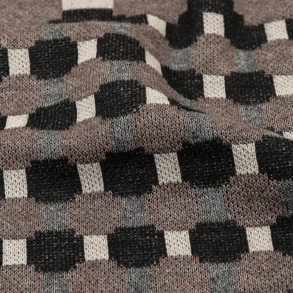 Brown, Black and Gray Squares and Plus Signs Cotton and Polyester Jacquard Knit Panel Detail