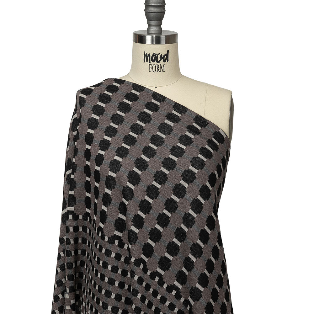 Brown, Black and Gray Squares and Plus Signs Cotton and Polyester Jacquard Knit Panel Drape