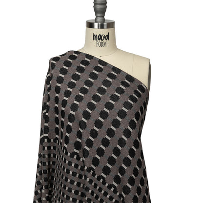 Brown, Black and Gray Squares and Plus Signs Cotton and Polyester Jacquard Knit Panel Drape