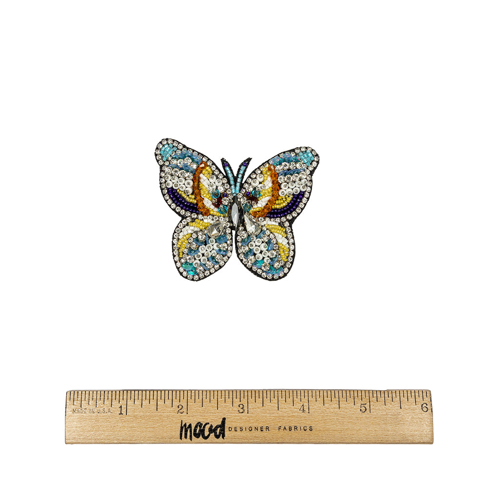 Blue Radiance, Bright Marigold and Vibrant Yellow Butterfly Rhinestone and Glass Beaded Applique - 2.375" X 2.75" Full
