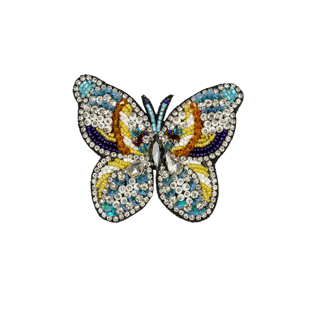 Blue Radiance, Bright Marigold and Vibrant Yellow Butterfly Rhinestone and Glass Beaded Applique - 2.375" X 2.75"