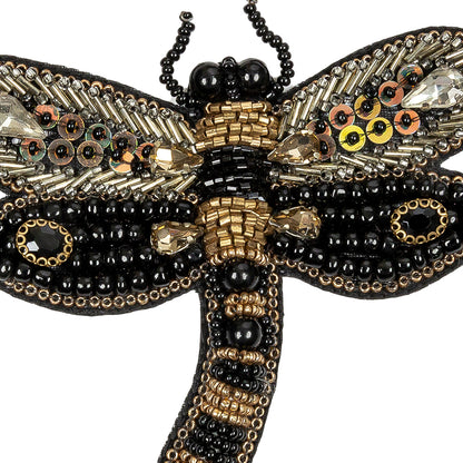 Black and Gold Dragonfly Rhinestone and Glass Beaded Applique - 3.375" X 3.5" Detail