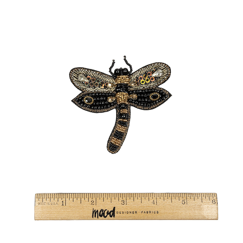 Black and Gold Dragonfly Rhinestone and Glass Beaded Applique - 3.375" X 3.5" Full